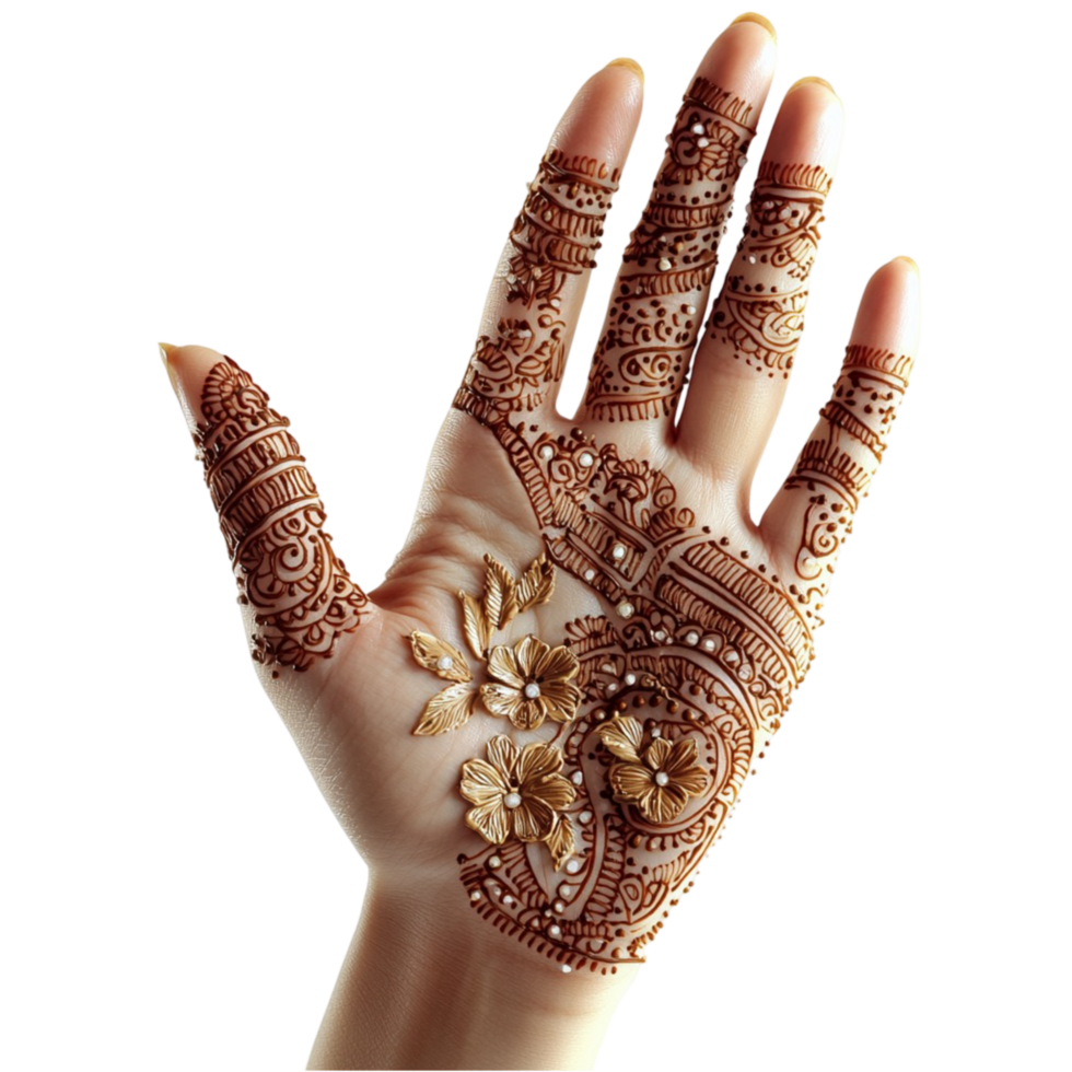 Hand adorned with intricate henna patterns png