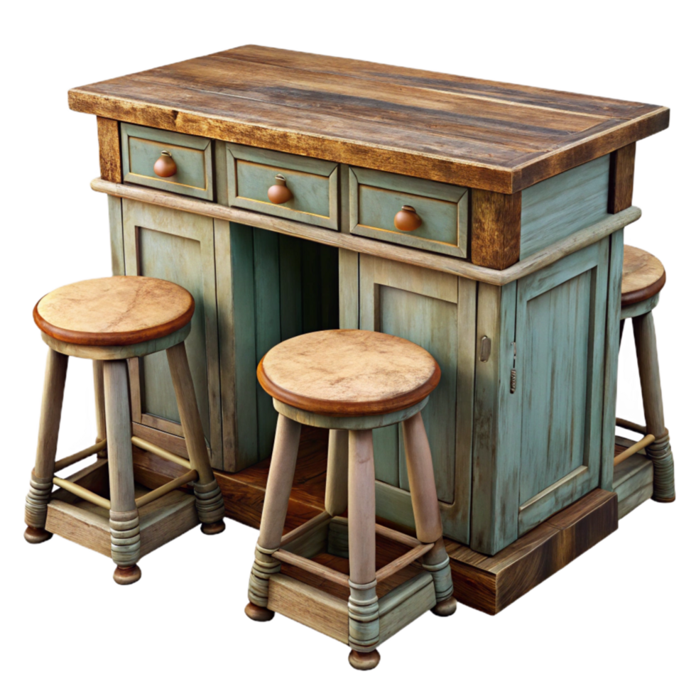 dramatic rustic Kitchen Island with Stools Isolated 4K png
