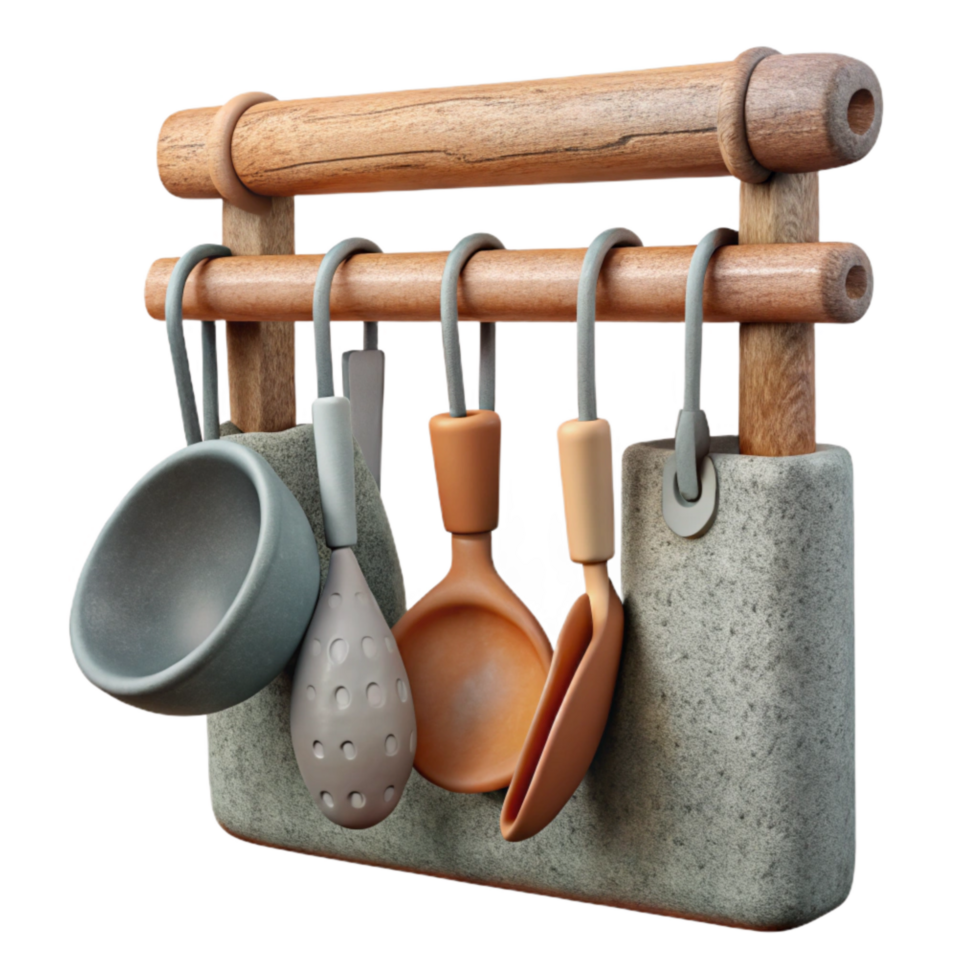 serene vintage Kitchen Utensils Hanging on Rack Cutout 4K png