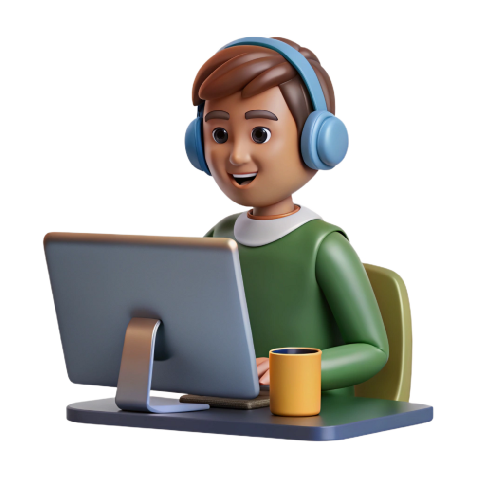 wonderful rustic Student Wearing Headphones at Computer Cutout with Transparent Background authentic png