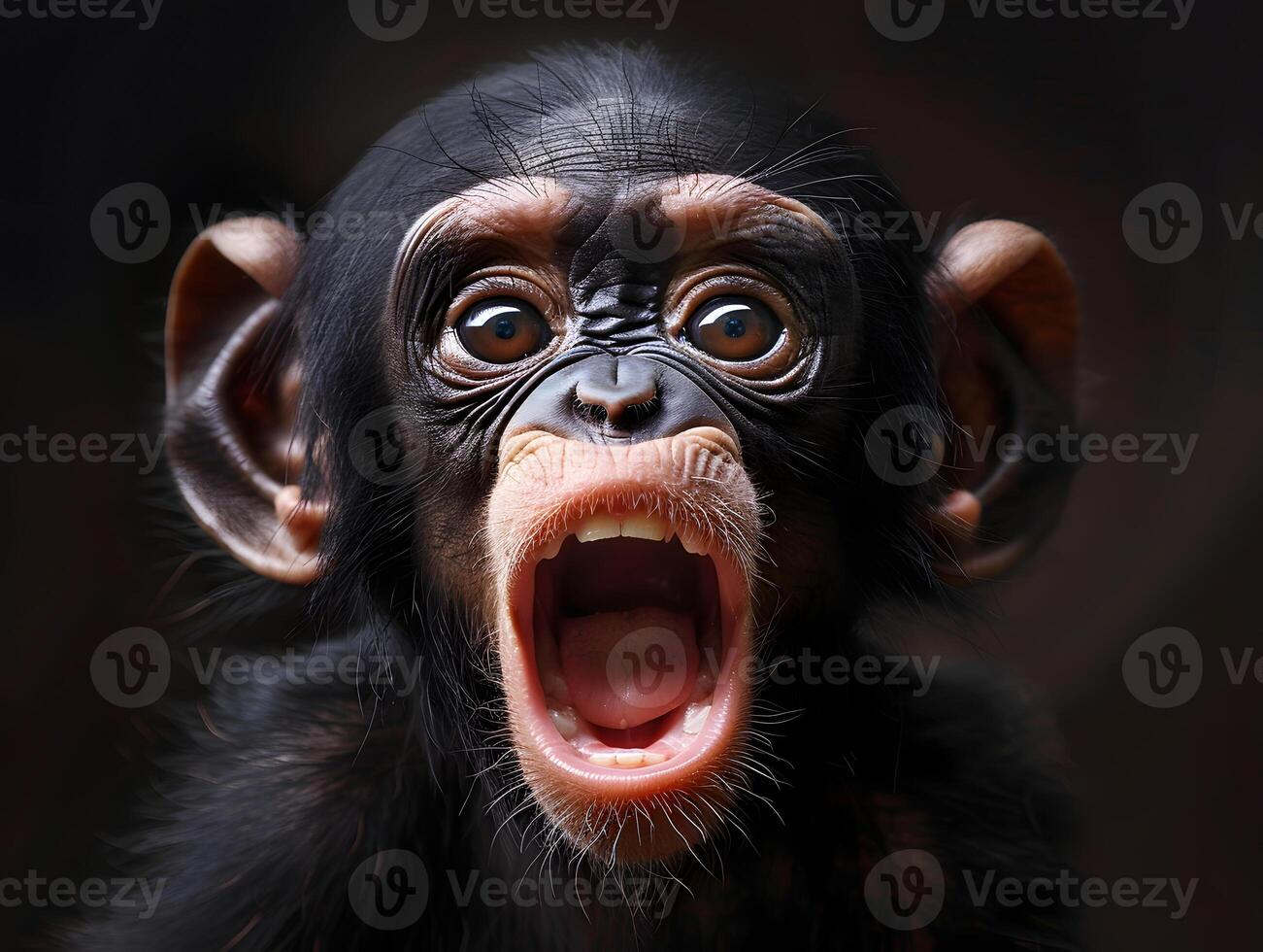 A baby primate with fur, making a funny face, mouth open photo