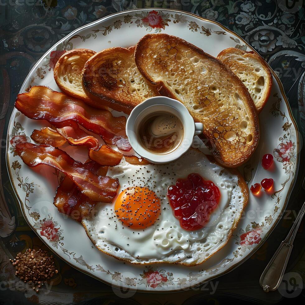 Breakfast plate with eggs, bacon, toast, and coffee photo