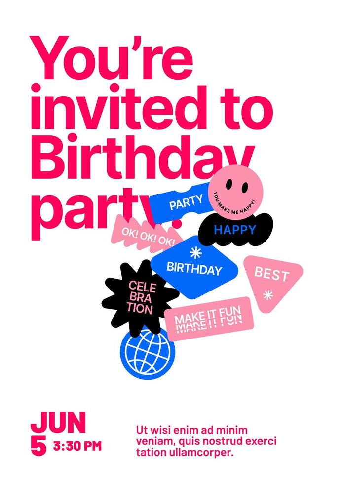 Birthday party invitation layout template. Design with colorful eye catching typography for your flyer, poster, cover, banner or brochure. vector