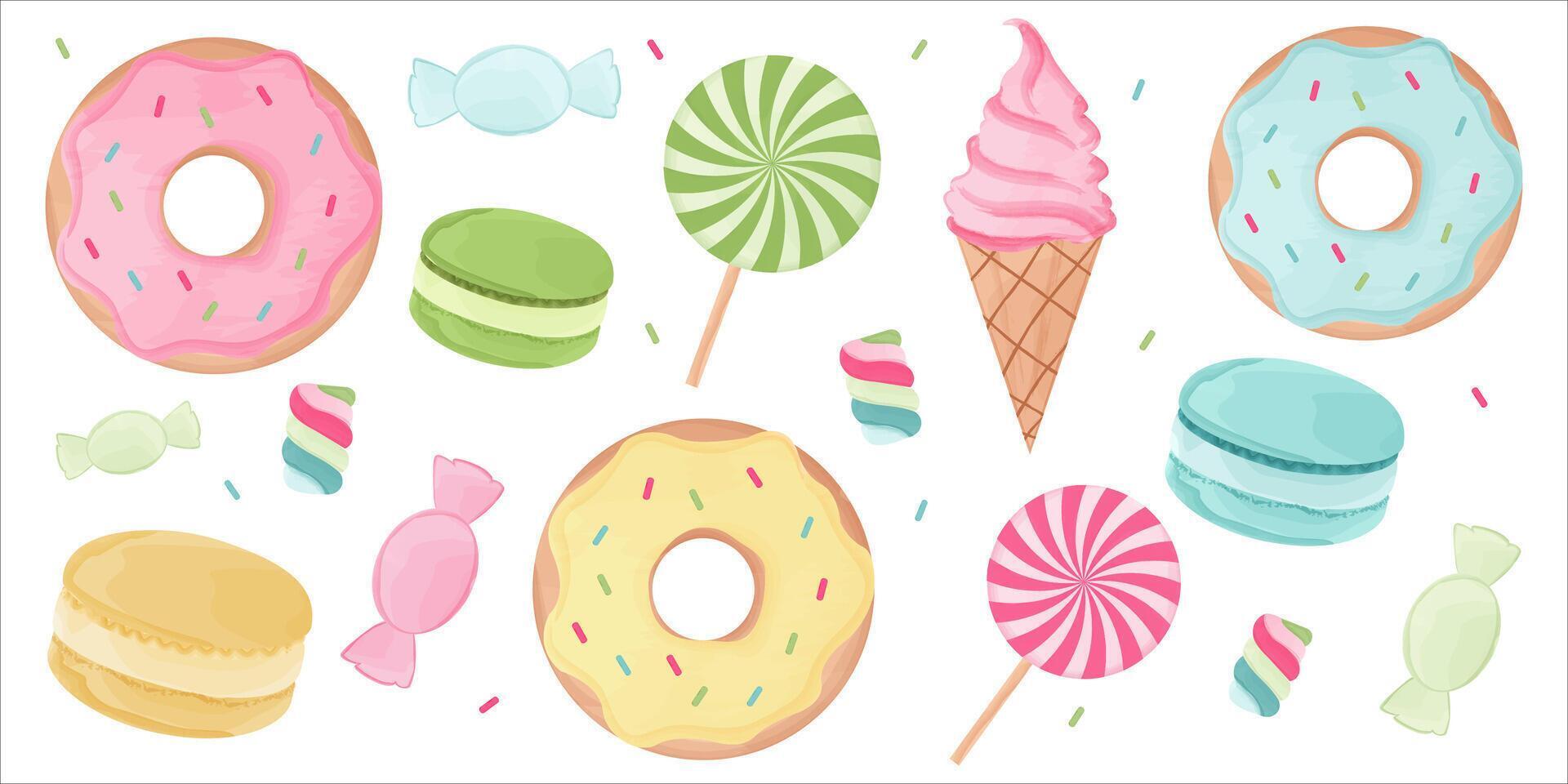 Set of illustrations of ice cream, candy, lollipops, donuts, marshmallow and macaroons. Watercolor painting. vector