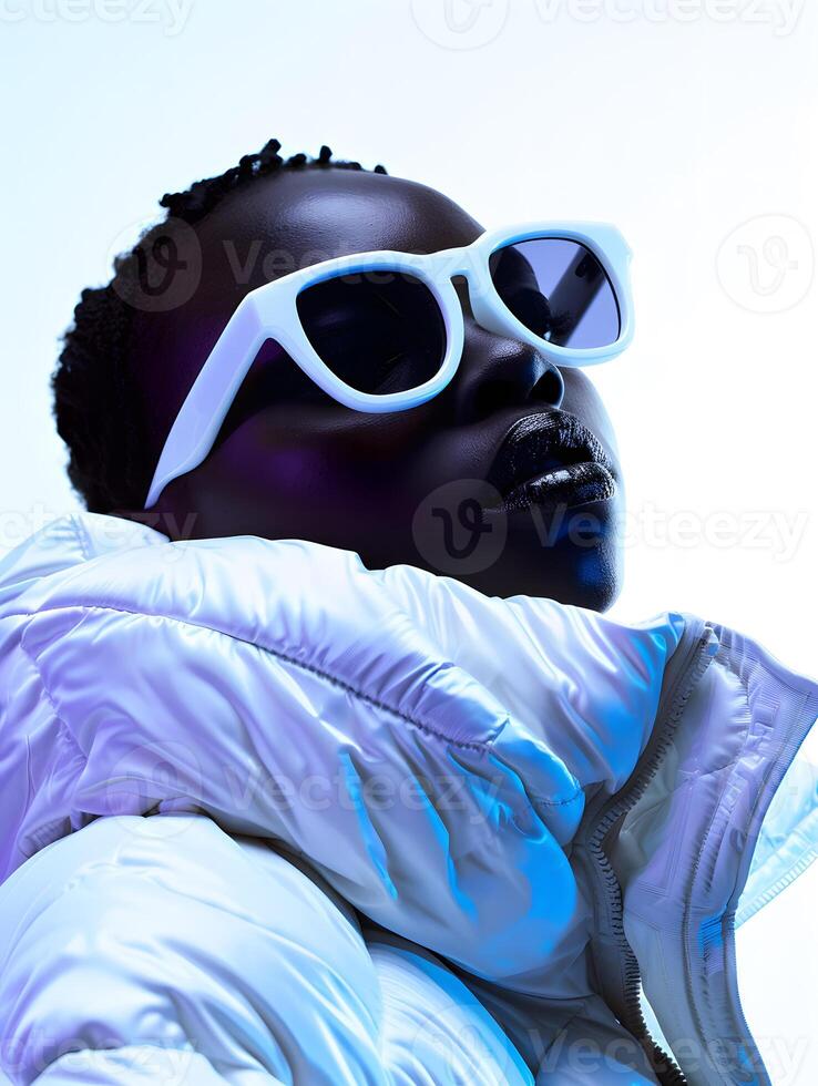 A man in sunglasses and a white jacket gazes upward photo