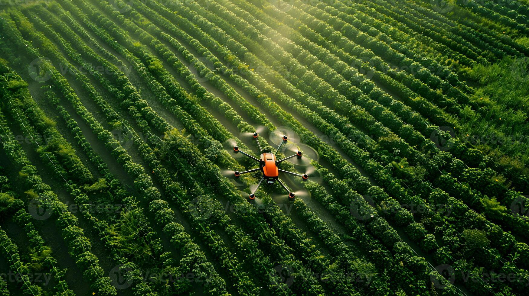 A drone spraying trees in an agricultural field from above photo