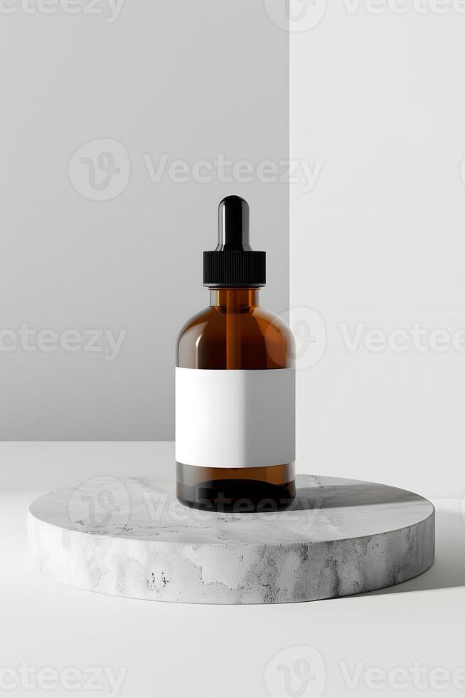 Brown glass bottle with dropper stopper on marble podium for cosmetics photo