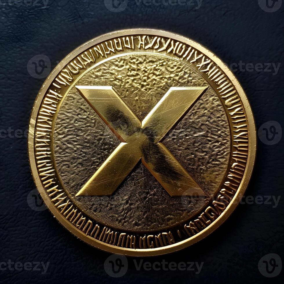 Brown Amber badge with gold circle artifact, featuring x symbol on metal coin photo