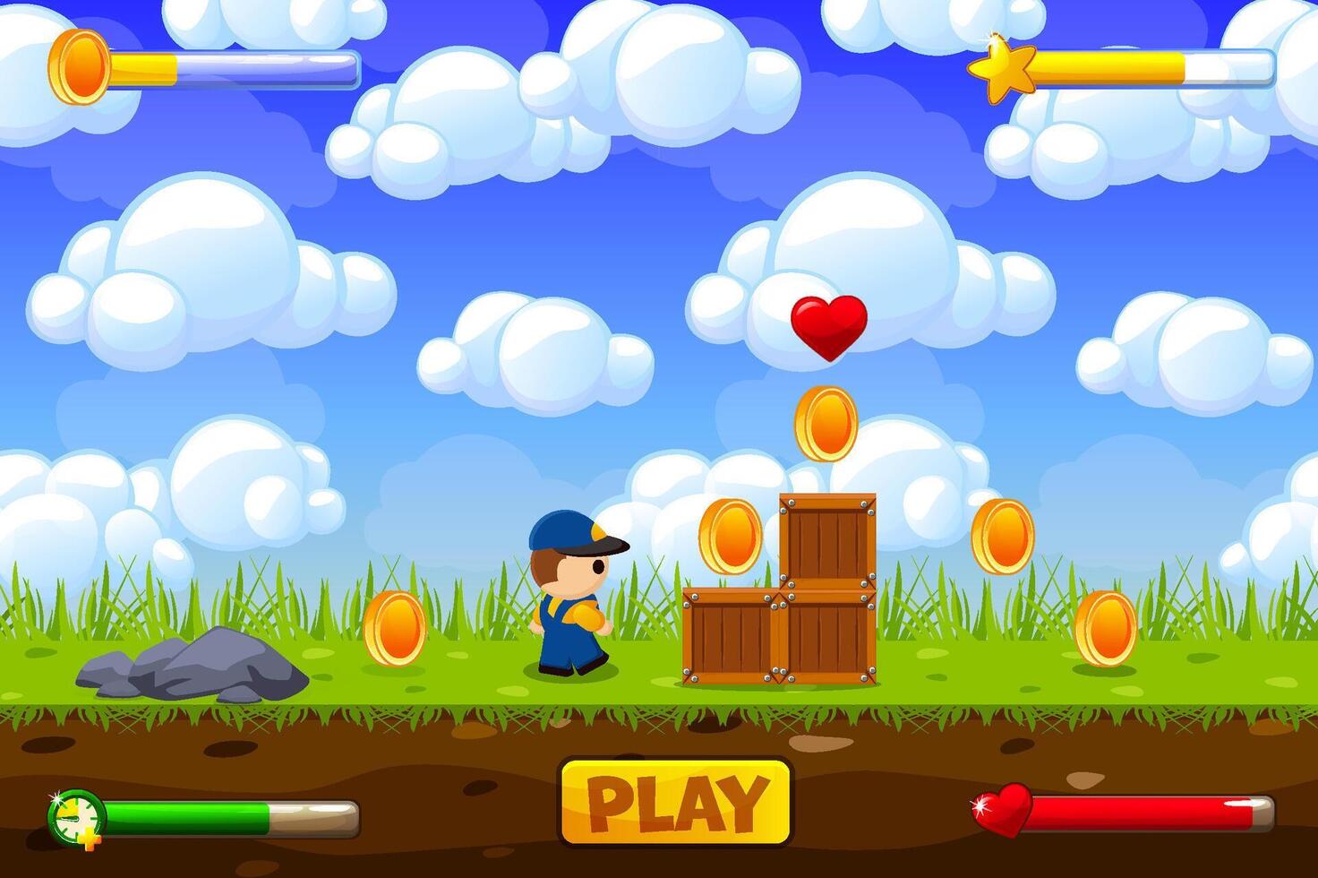 Game Assets. Contains ground tiles and many items, objects, character and buttons. assets and layers for your 2D mobile games. Cartoon style game background vector