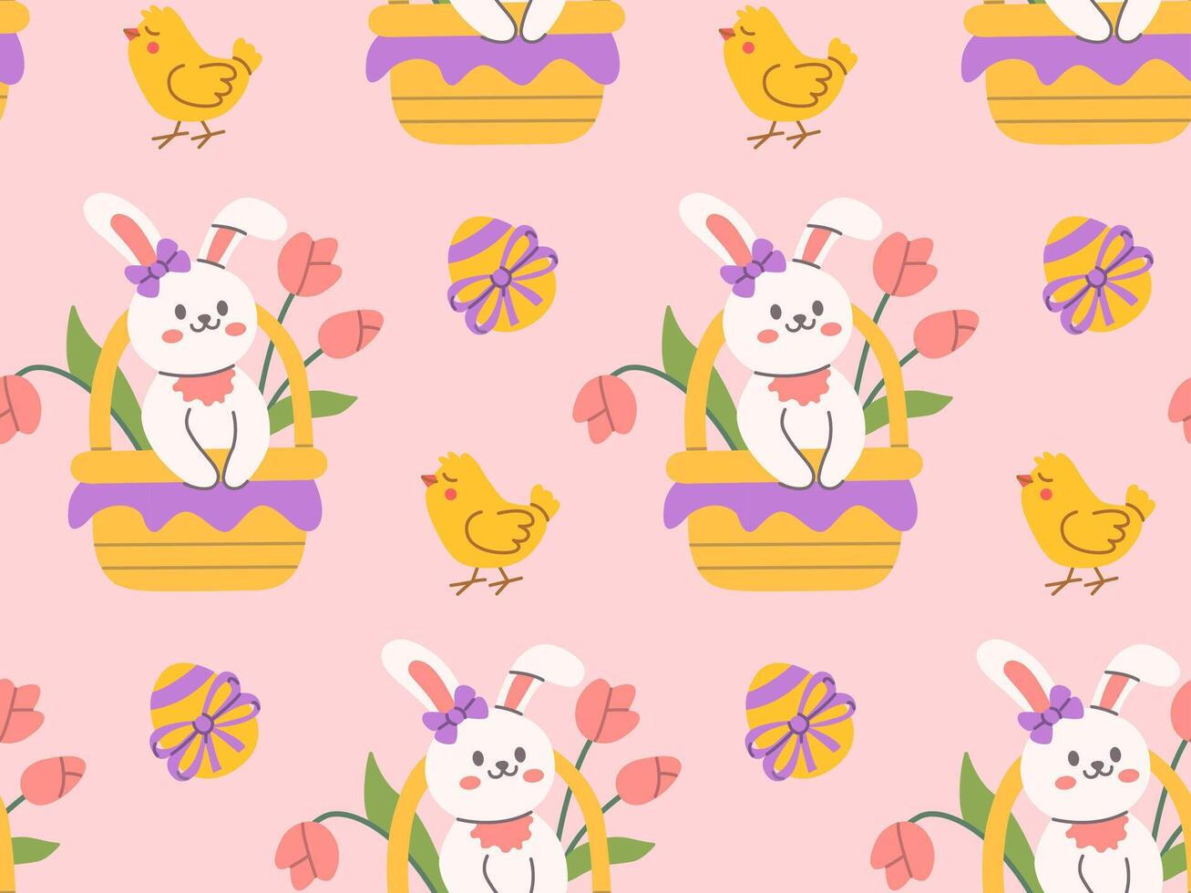 Seamless Easter pattern with cute bunny in a basket, yellow chicks, tulips, and decorated eggs on a pink background, perfect for festive designs, cards, and spring-themed projects. vector