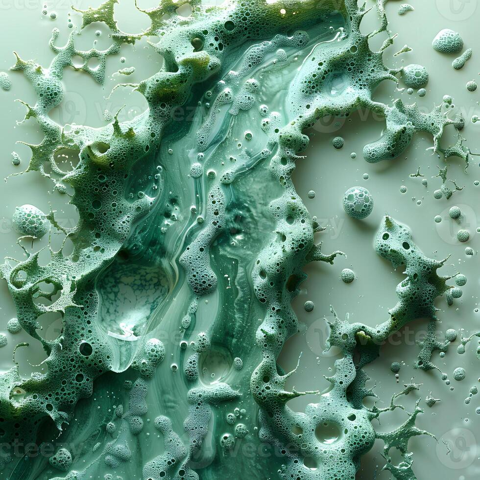Closeup of green liquid with bubbles on white surface photo