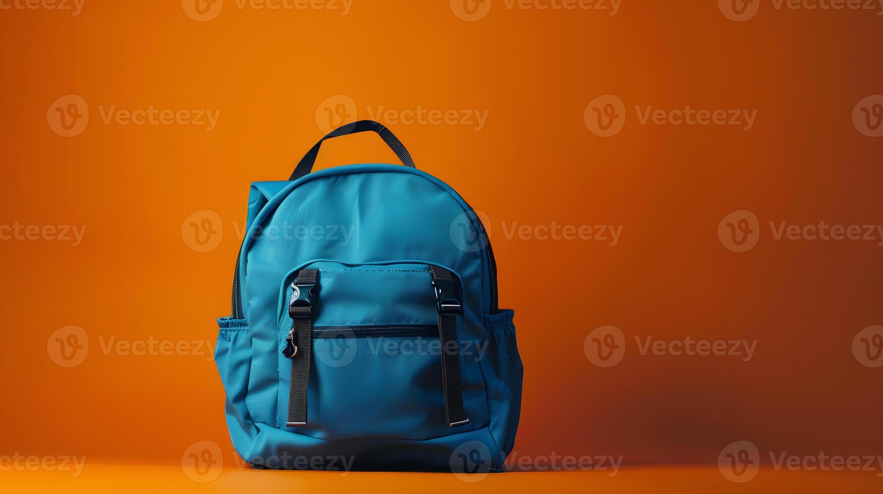 Blue backpack on orange background, vibrant and minimalist for travel photo