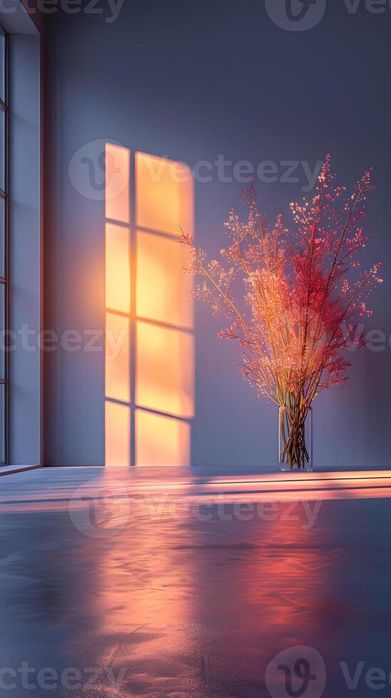 The room has lovely decor flowers, cozy light, calming vibes photo