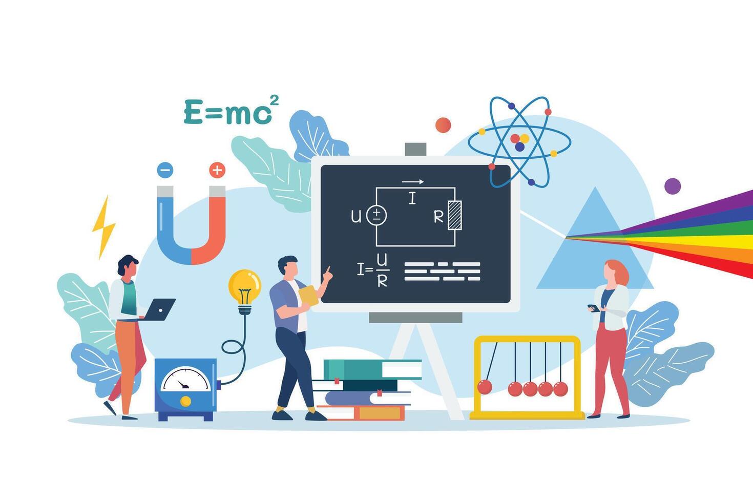 Physics scene with miniature people vector