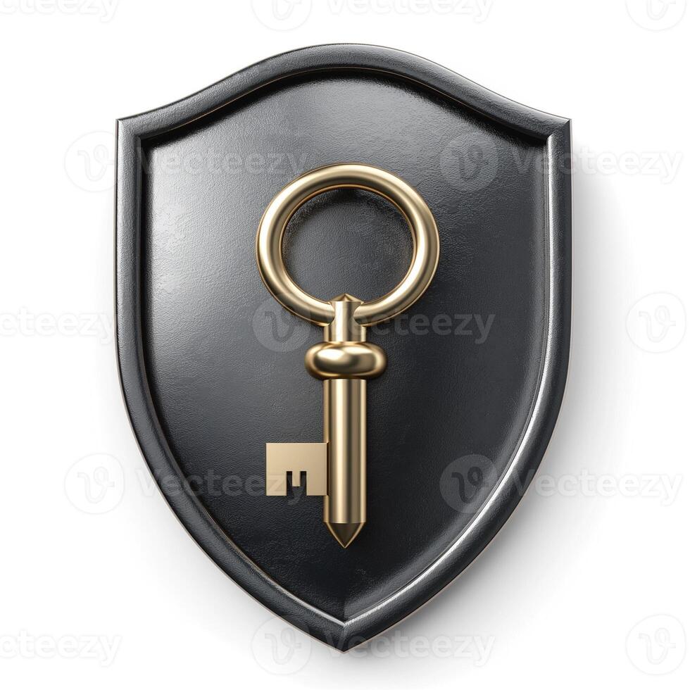 A golden key is elegantly displayed on a black shield, symbolizing security and protection. photo