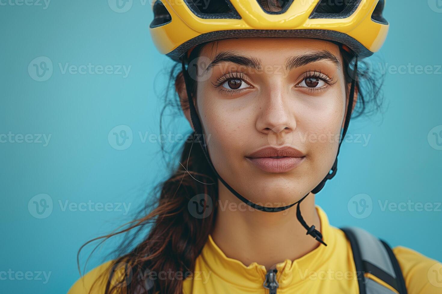 A young South Asian woman in a yellow cycling helmet and jersey, exuding confidence against a light blue backdrop. photo