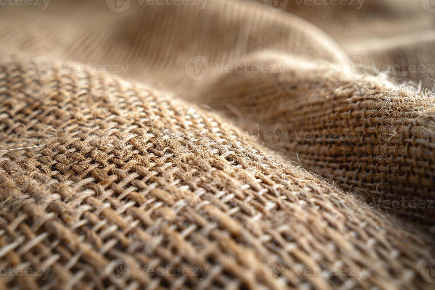 Close-up of textured burlap fabric, showcasing its natural fibers and woven patterns. photo