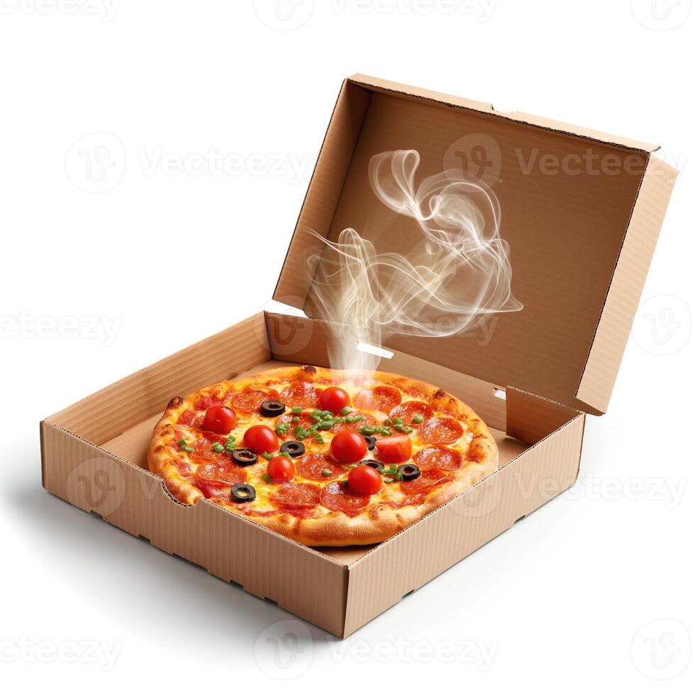 A delicious pizza with pepperoni and fresh vegetables steaming in an open box. photo