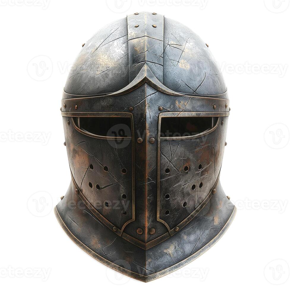 Detailed medieval knight helmet, showcasing intricate textures and weathered metal for an authentic historical feel. photo