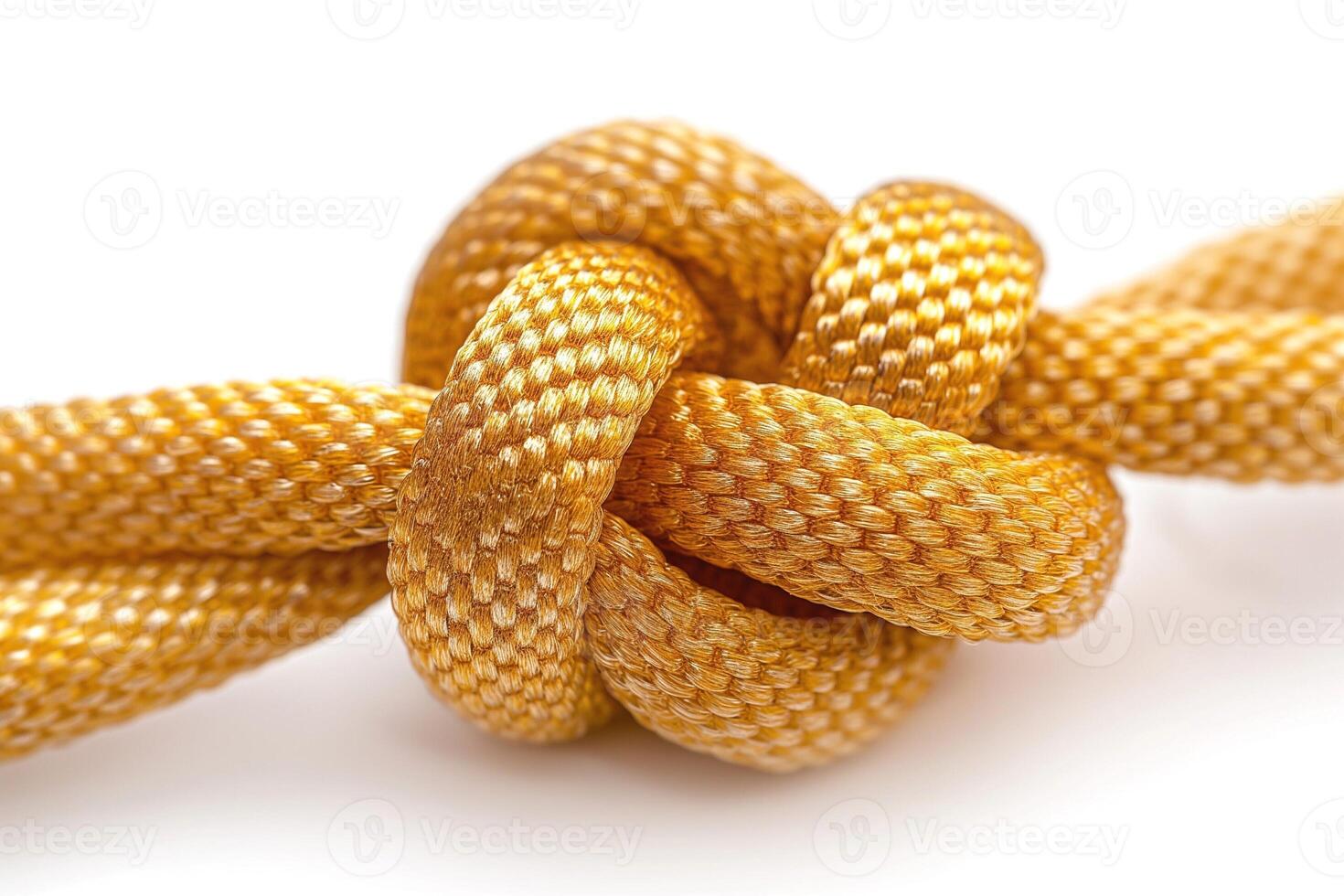 A close-up of a intricately tied golden rope knot, showcasing fine details and texture. photo