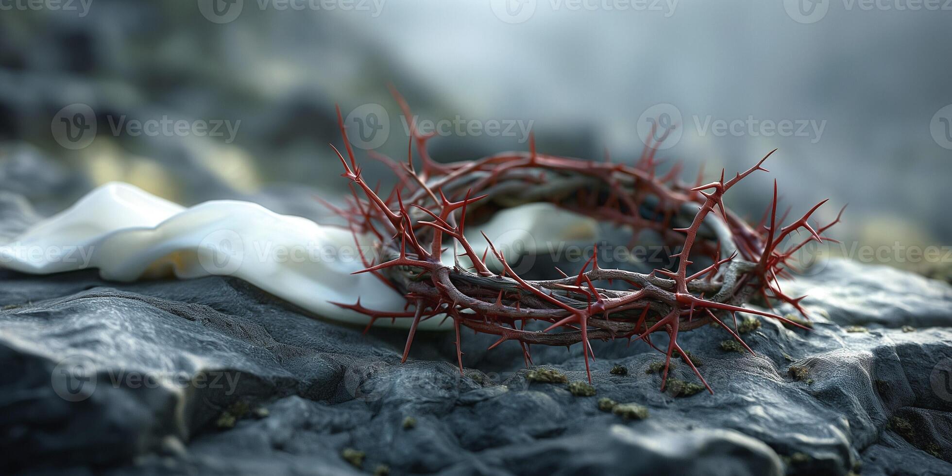 A striking image of a thorny crown resting on rough, dark rocks, symbolizing sacrifice and redemption. photo