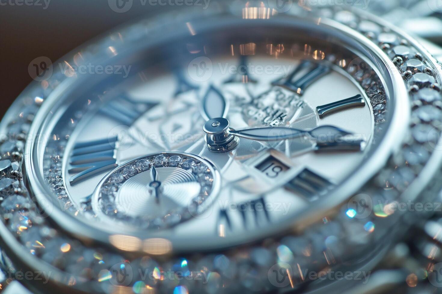 Close-up of an elegant silver watch with intricate details and sparkling diamonds, capturing the essence of luxury. photo