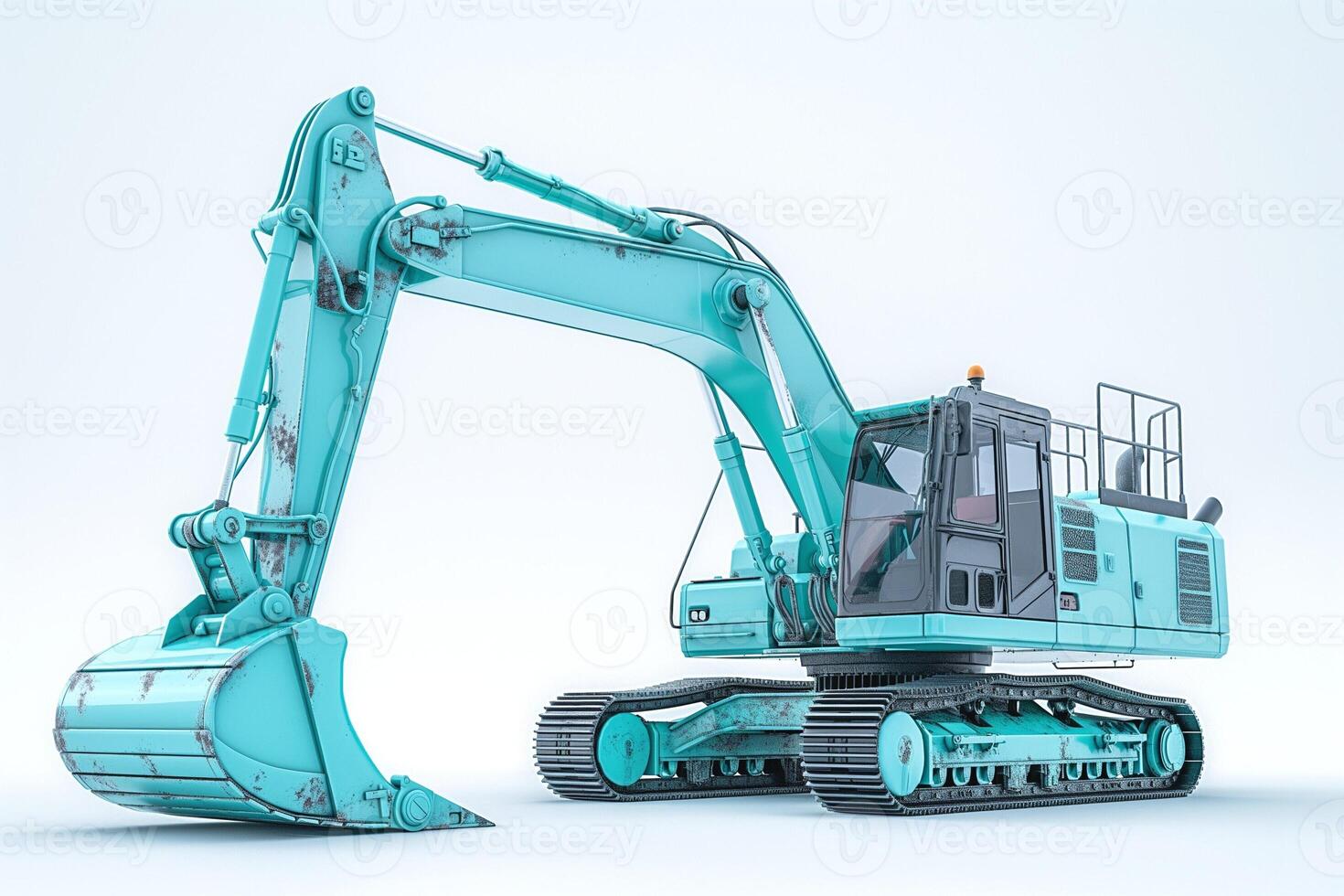 A vintage turquoise excavator ready for construction work. photo