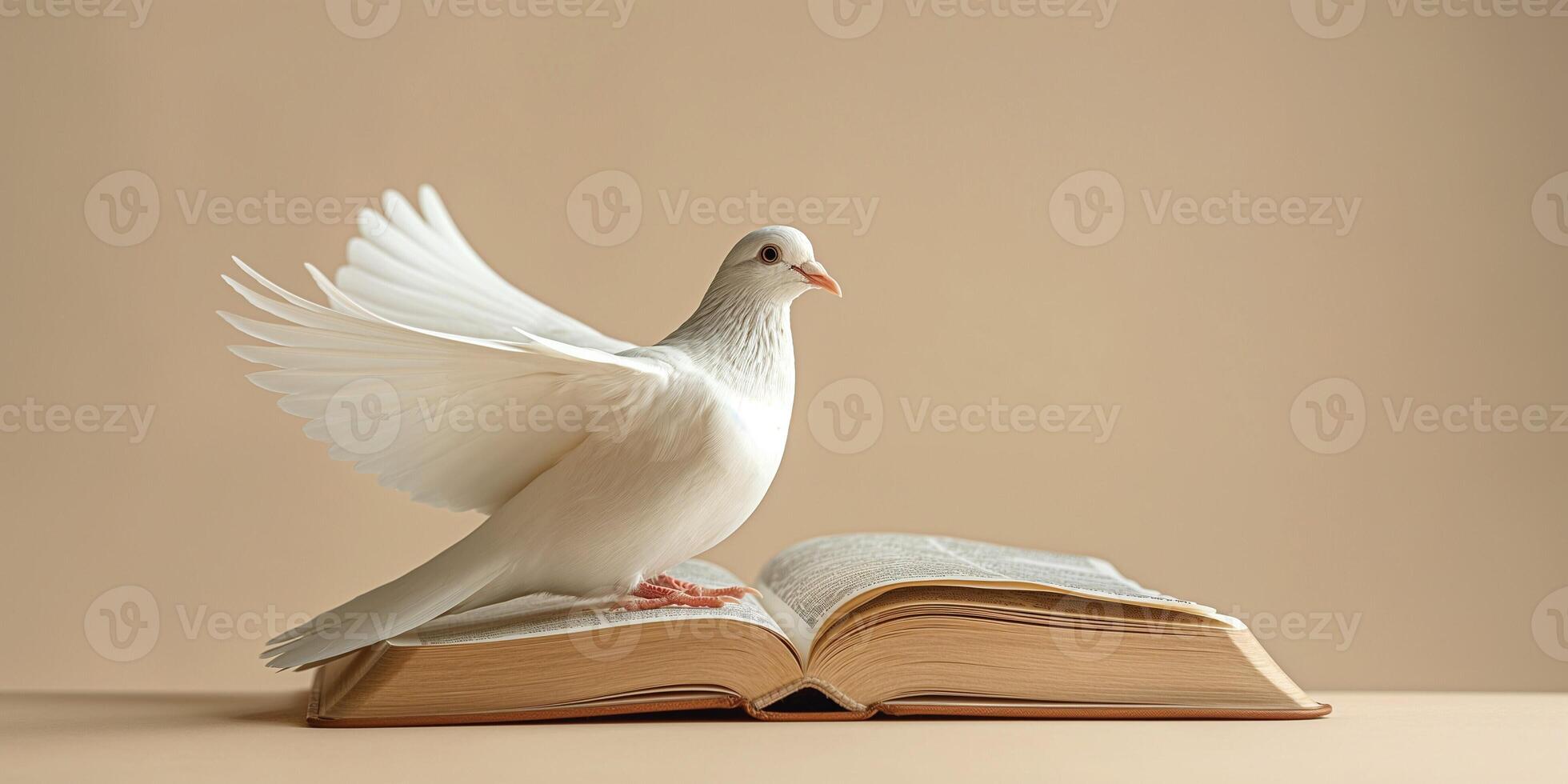 A beautiful white dove gracefully spreads its wings atop an open book, symbolizing peace and knowledge. photo