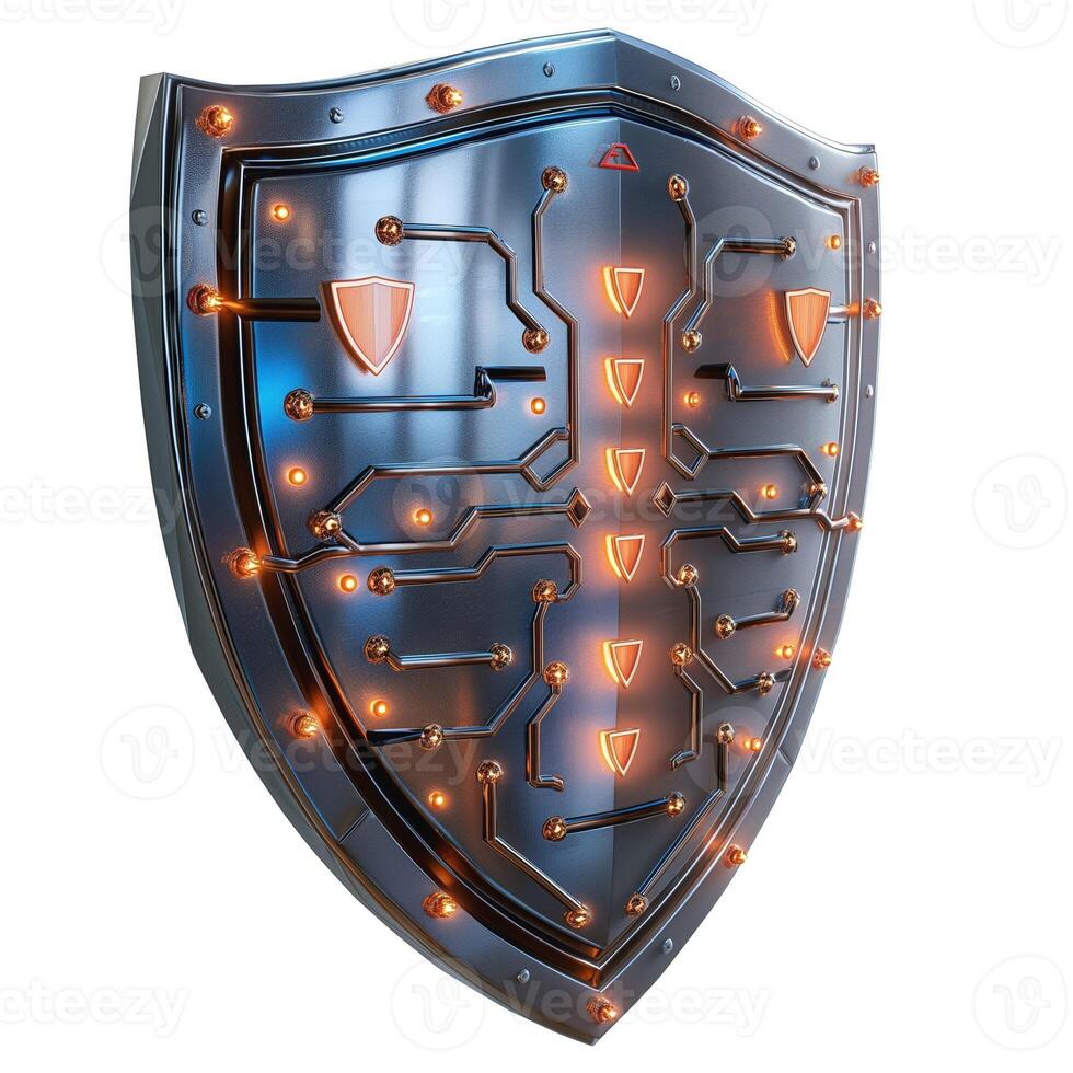 A futuristic shield with glowing circuitry and lights, symbolizing digital security and defense. photo