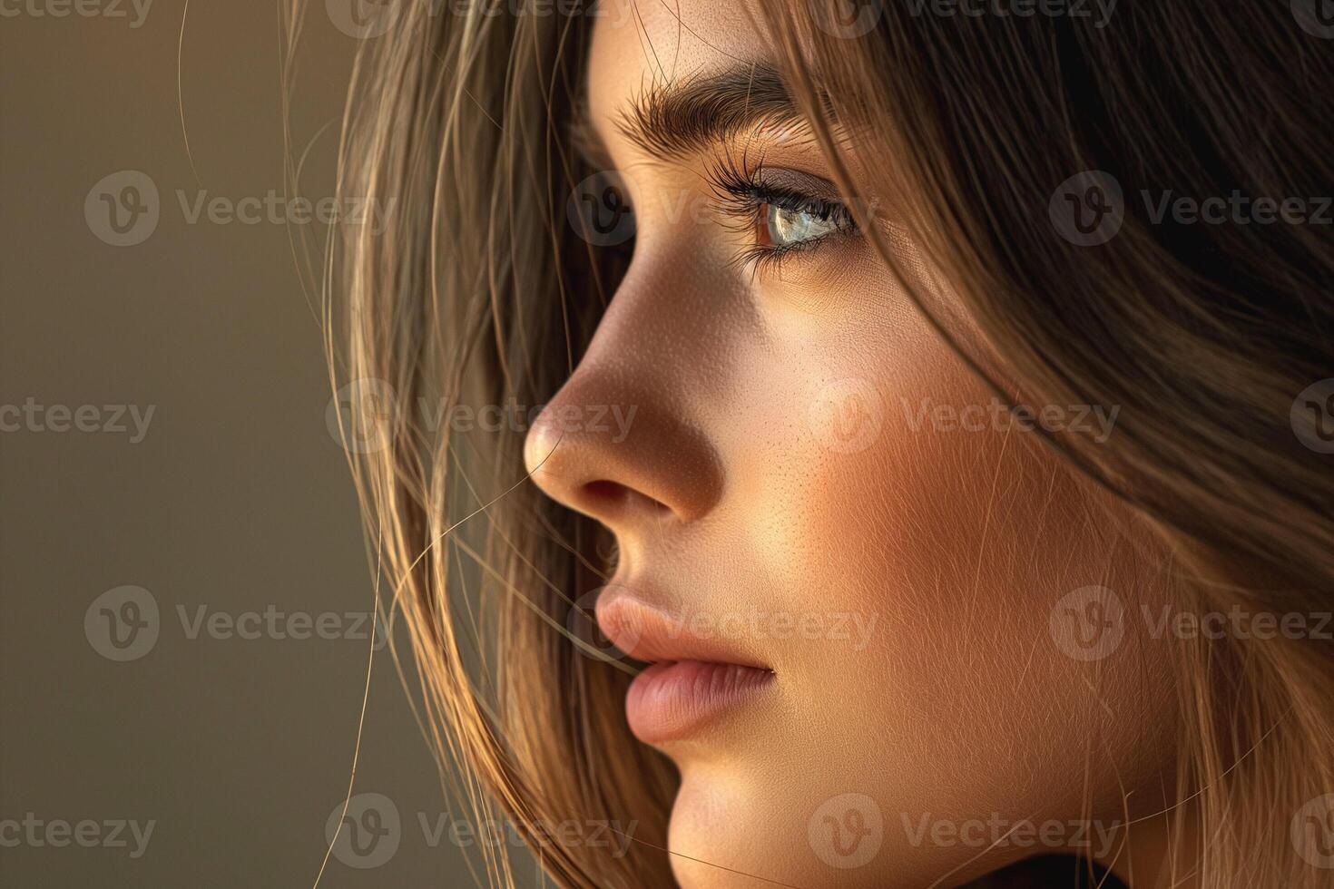 Close-up profile of a young Caucasian woman with flowing hair and captivating green eyes, highlighting her natural beauty. photo