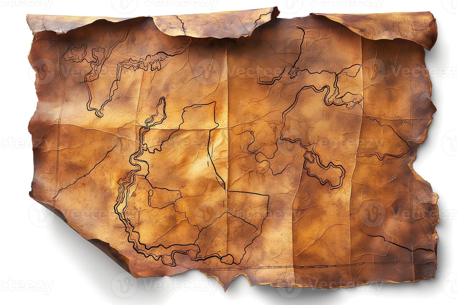 An aged, worn leather map featuring intricate outlines of various terrains and water bodies, evoking a sense of adventure. photo