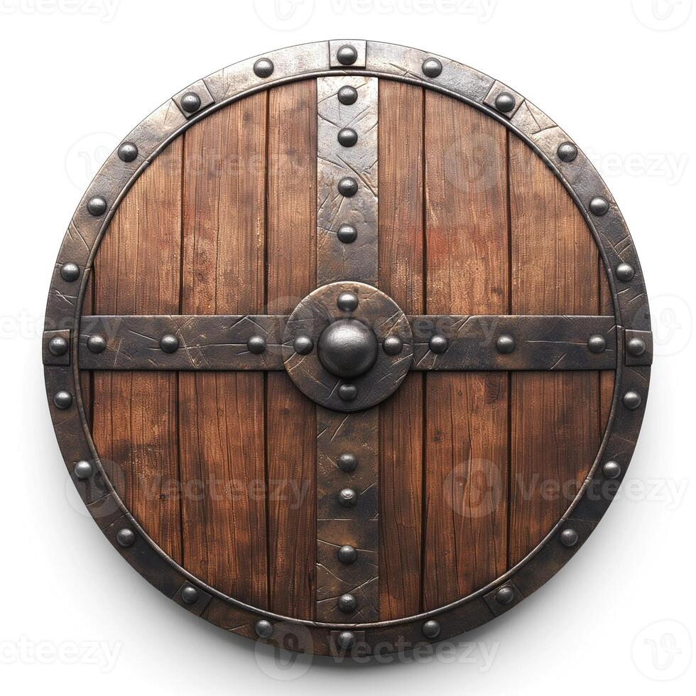A detailed wooden shield featuring metallic accents and a central boss, evoking a sense of ancient warfare. photo