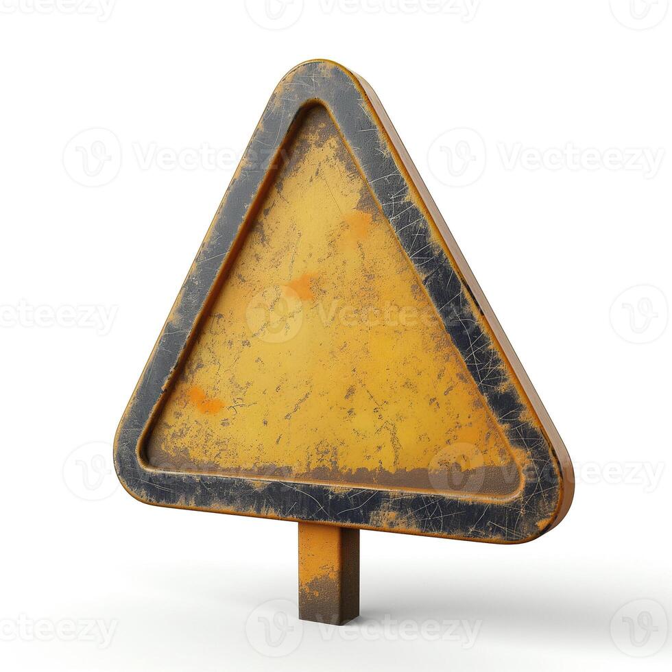 Old, weathered triangular caution sign displaying signs of rust and wear. photo