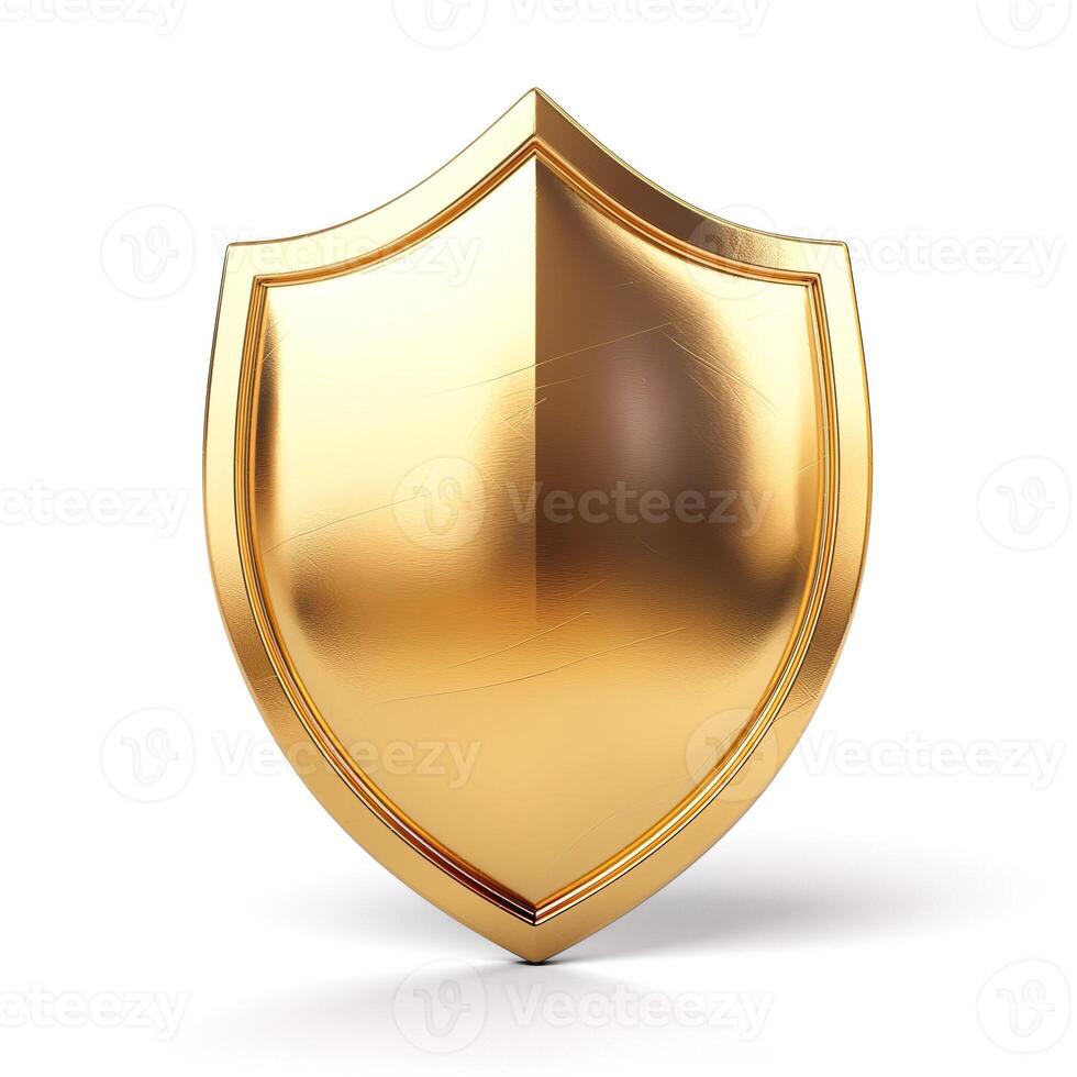 A striking golden shield with a glossy finish, symbolizing protection and strength. photo