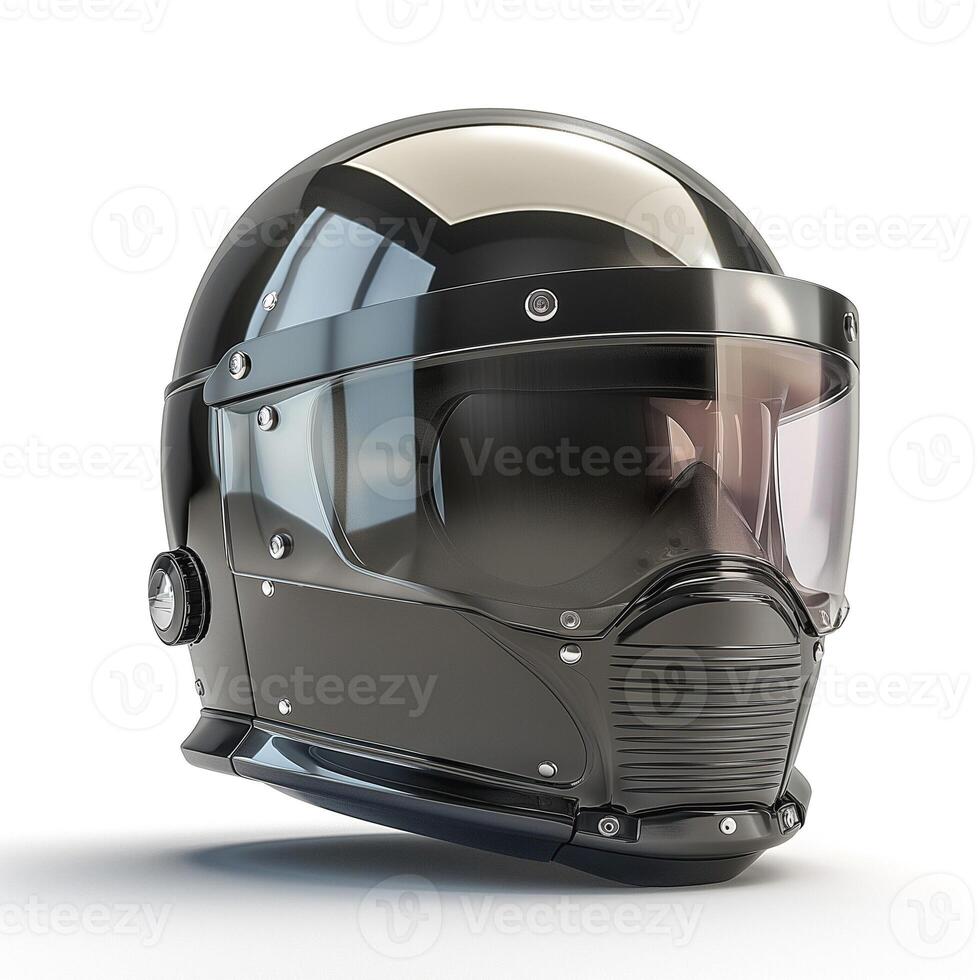 A sleek black motorcycle helmet with a transparent visor, showcasing modern design and safety features. photo