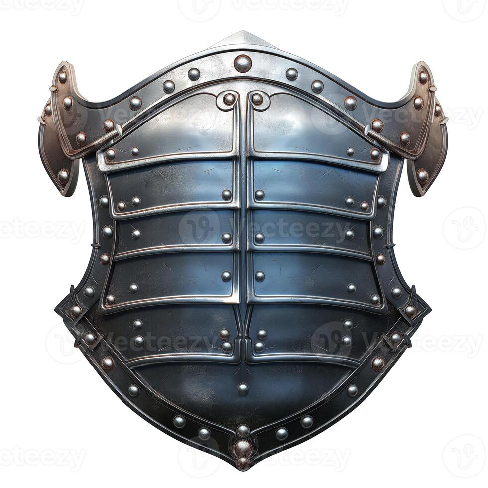 A detailed black and silver medieval shield, showcasing an intricate design and robust structure. photo