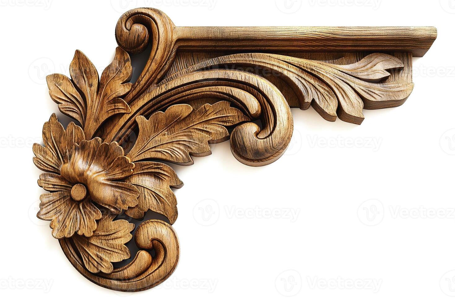 Intricately carved wooden bracket showcasing floral designs and elegant curves. photo