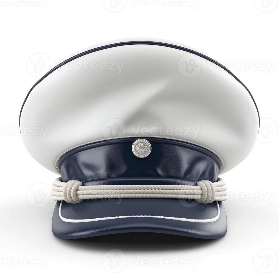 A detailed view of a classic navy and white captain's hat, showcasing its distinct design and elegance. photo