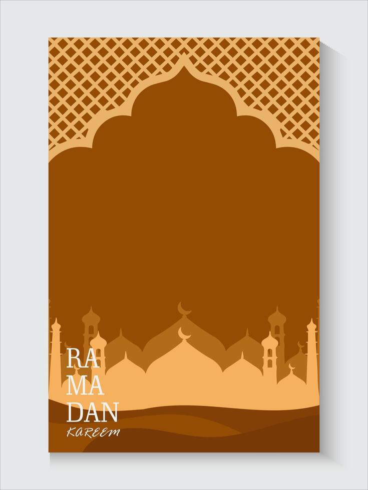 ramadan kareem or eid mubarak greeting card with mosque and arabic text vector