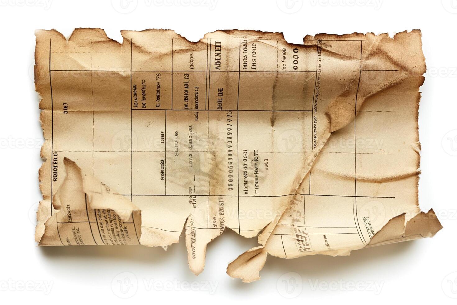 Aged and burnt document, displaying faded text and creases, evoking a sense of history and mystery. photo