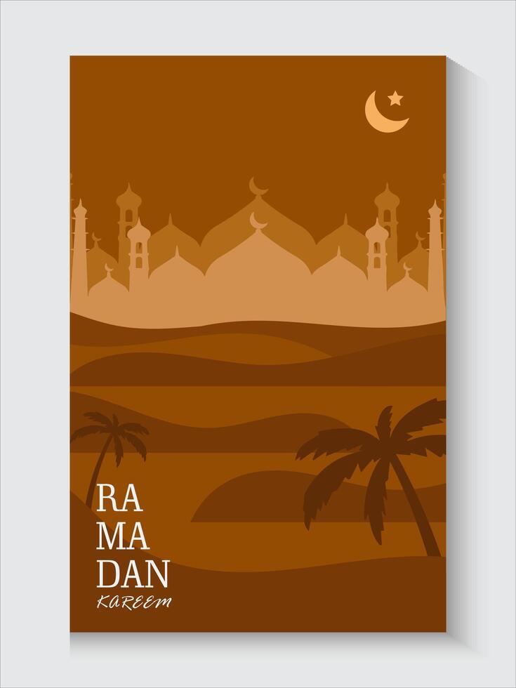 ramadan or eid mubarak poster with palm trees and mosque vector