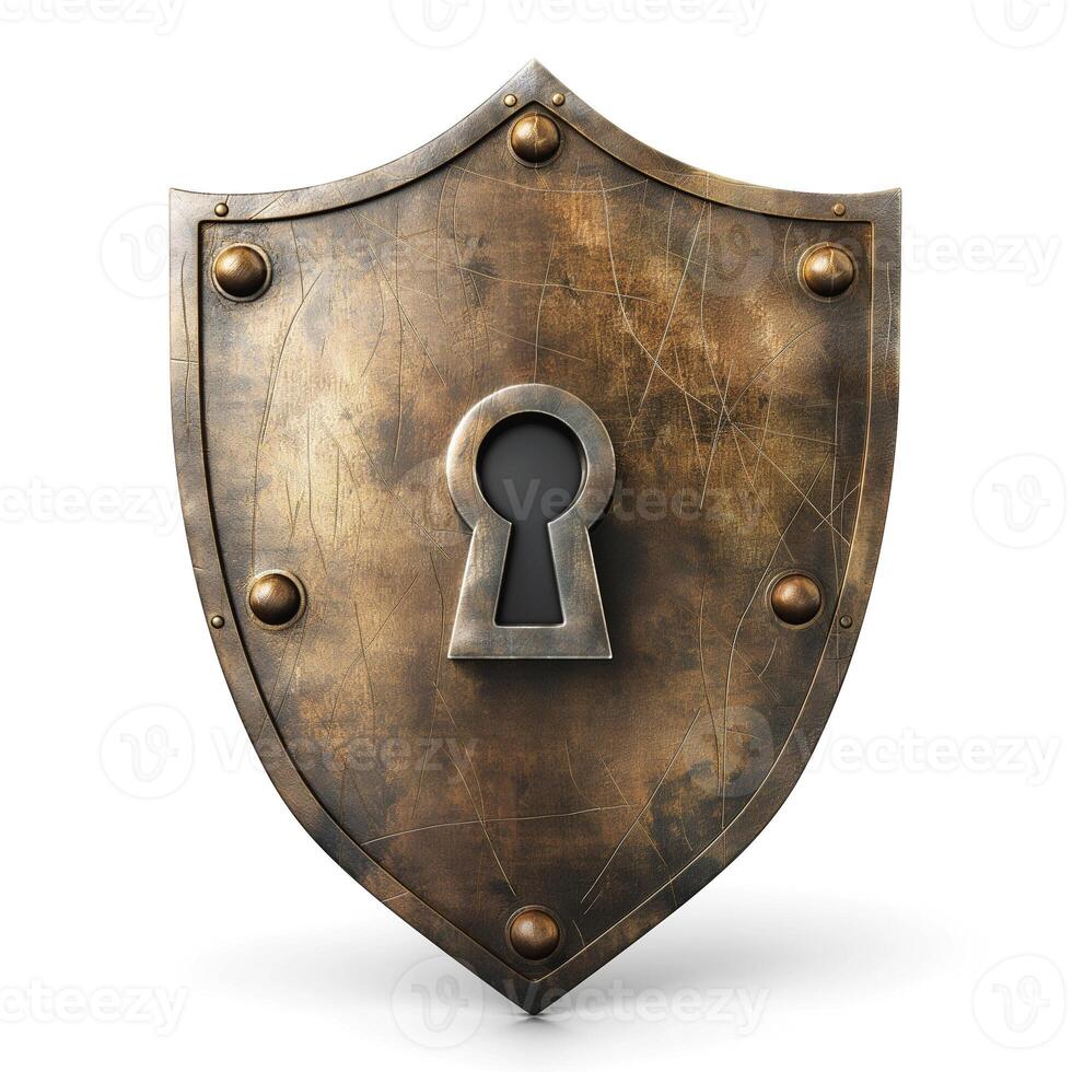 A vintage bronze shield with a keyhole, symbolizing protection and security. photo