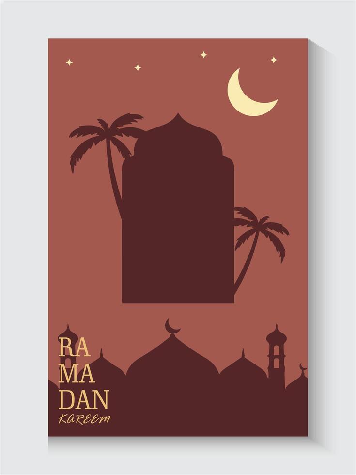 ramadan greeting card with mosque and palm trees on brown colors vector