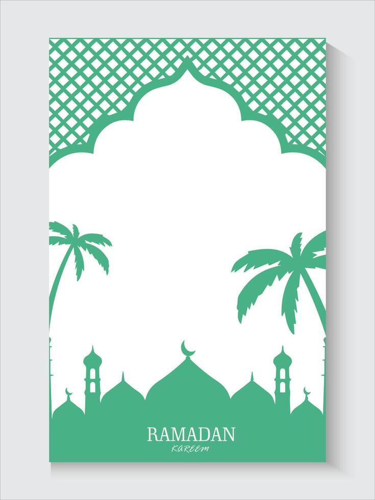 ramadan greeting card with palm trees and mosque on green and white colors vector
