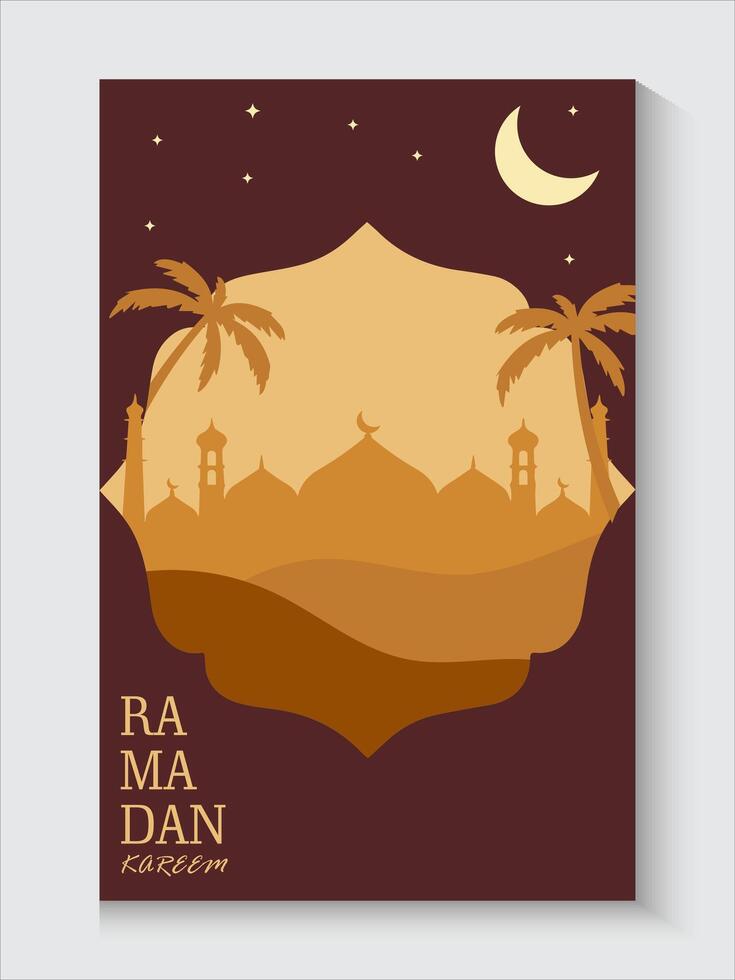 ramadan kareem greeting card poster cover with palm trees and mosque vector