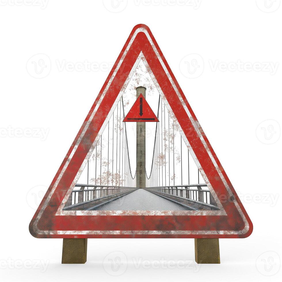 A weathered warning sign with a bridge design, signaling caution ahead. photo