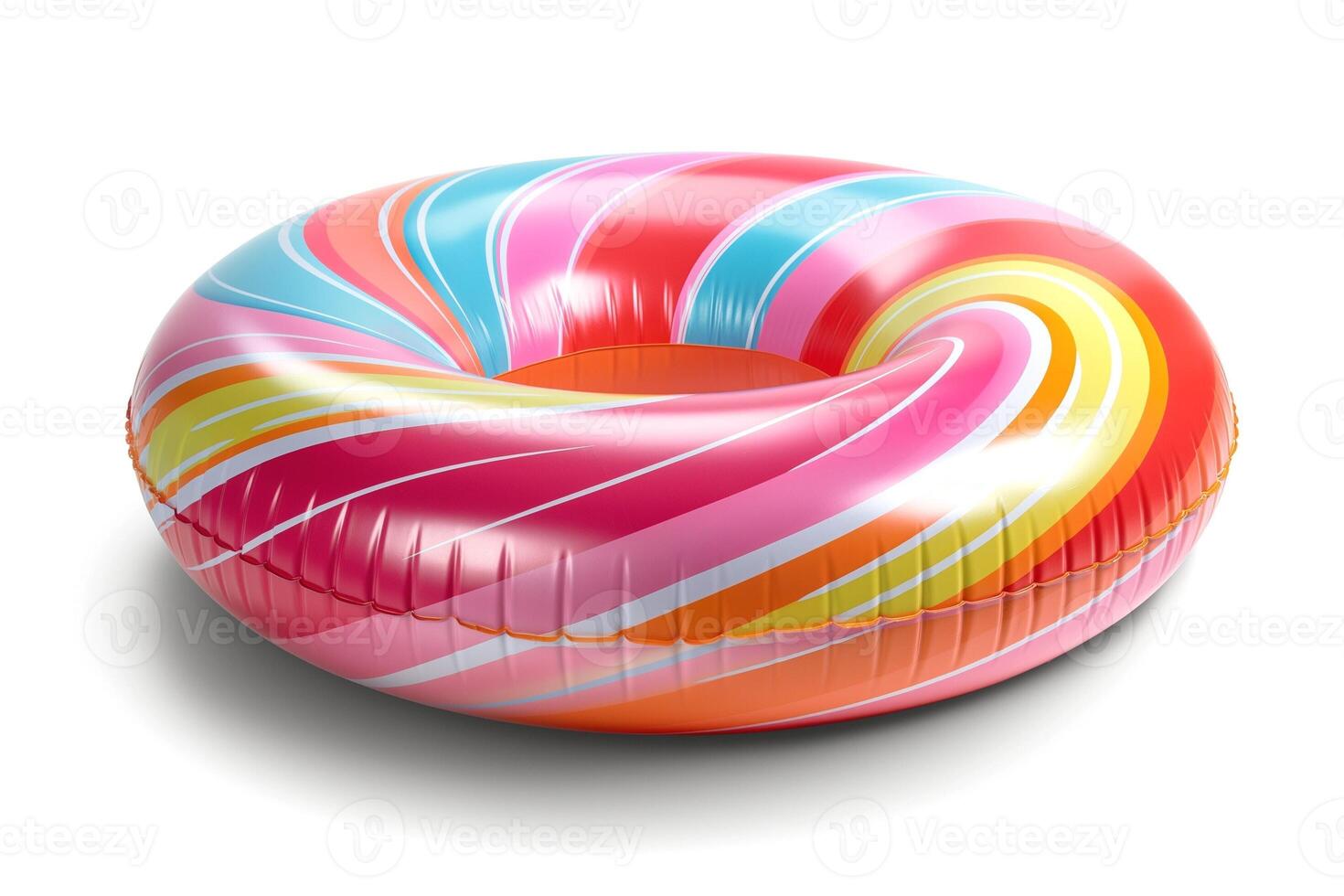 A colorful, swirled inflatable pool float in vibrant pink, orange, and blue hues, perfect for summer fun. photo