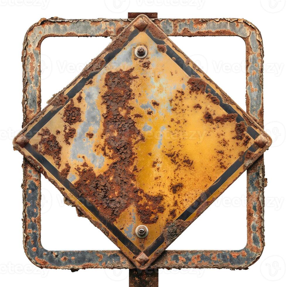 A weathered, rusty road sign with a diamond shape, showcasing years of wear and tear. photo