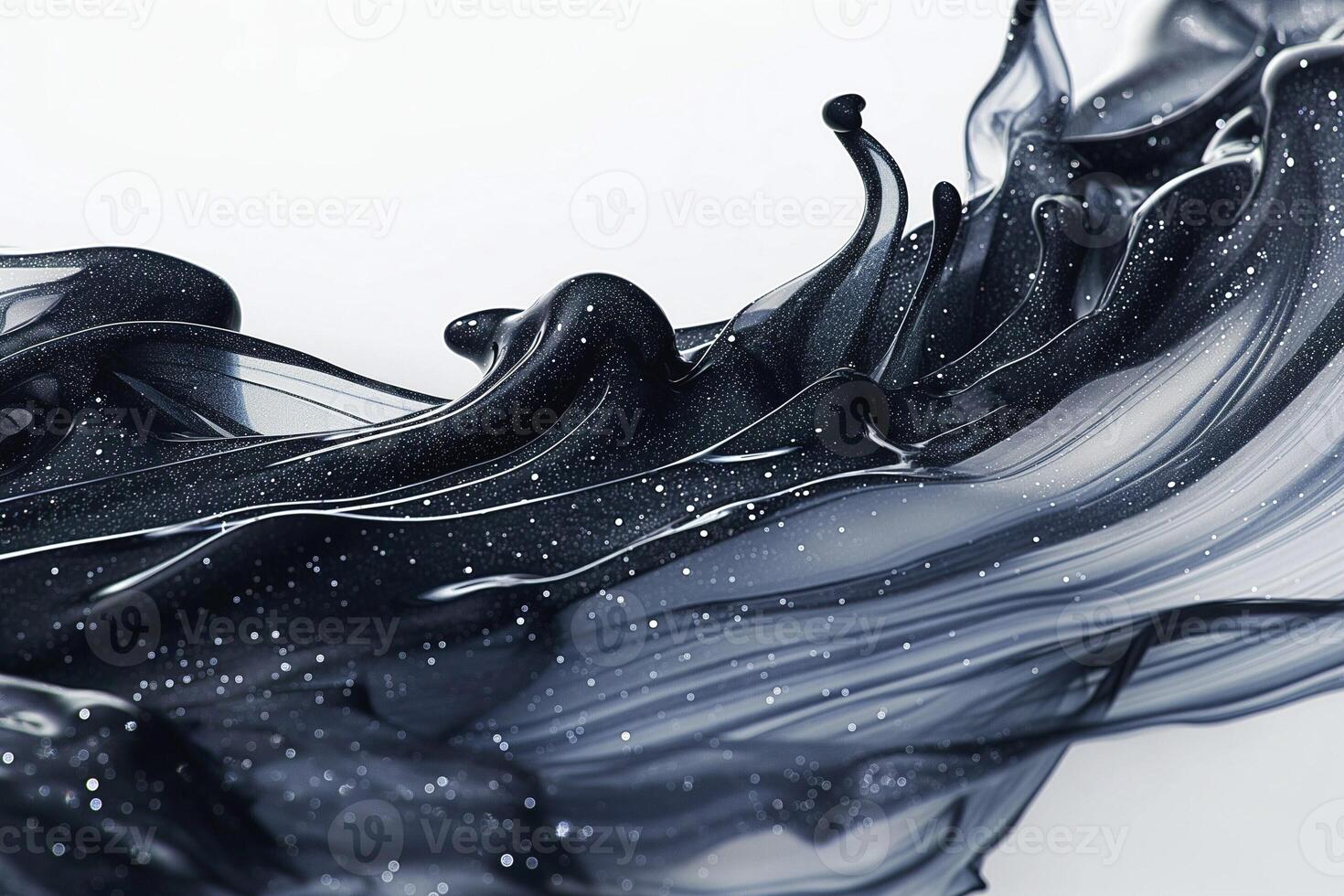 An abstract close-up of glossy black fluid swirling elegantly with glittering particles. photo
