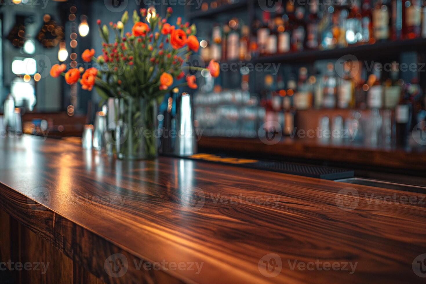 A vibrant floral arrangement adds a touch of elegance to a stylish bar with a polished wooden counter. photo